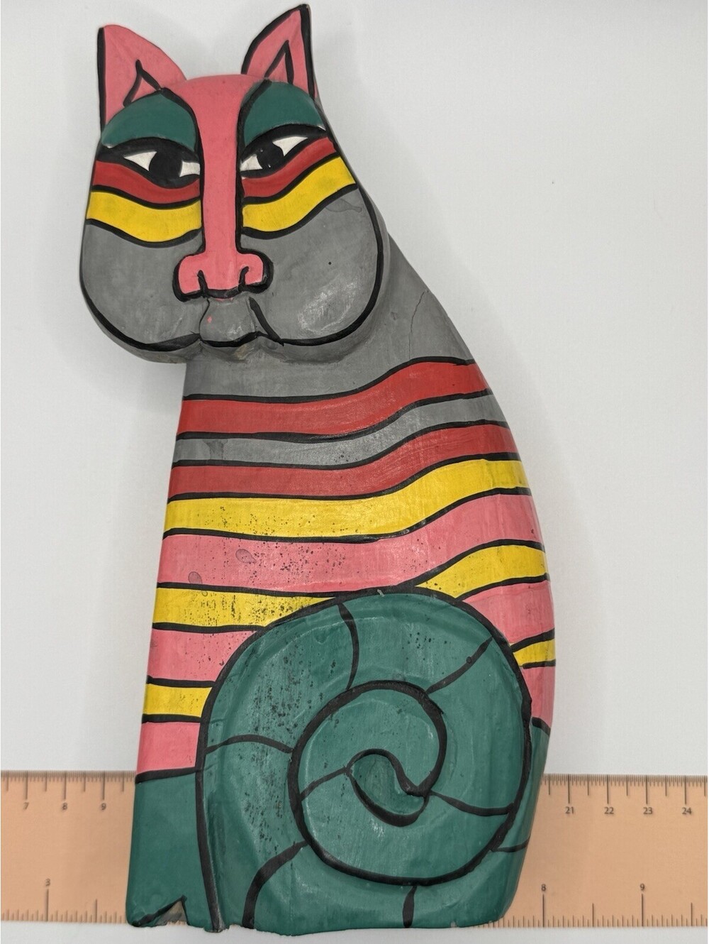 Laurel Birch 8.5” Wooden Cat - Pink Gray & Red With Curled Tail